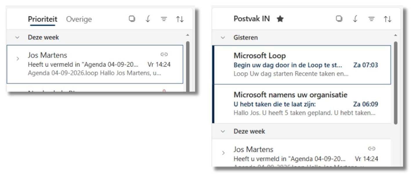 Links het postvak met prioriteit, waarbij je een tweede tab met “Overige” ziet. Rechts hetzelfde postvak maar dan zonder prioriteit, waardoor je één postvak hebt met al je mails. 