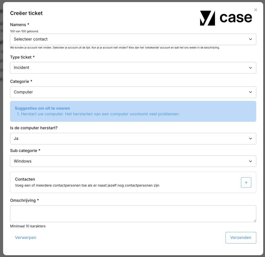 Een voorbeeld van een incident-ticket in de CASE Portal