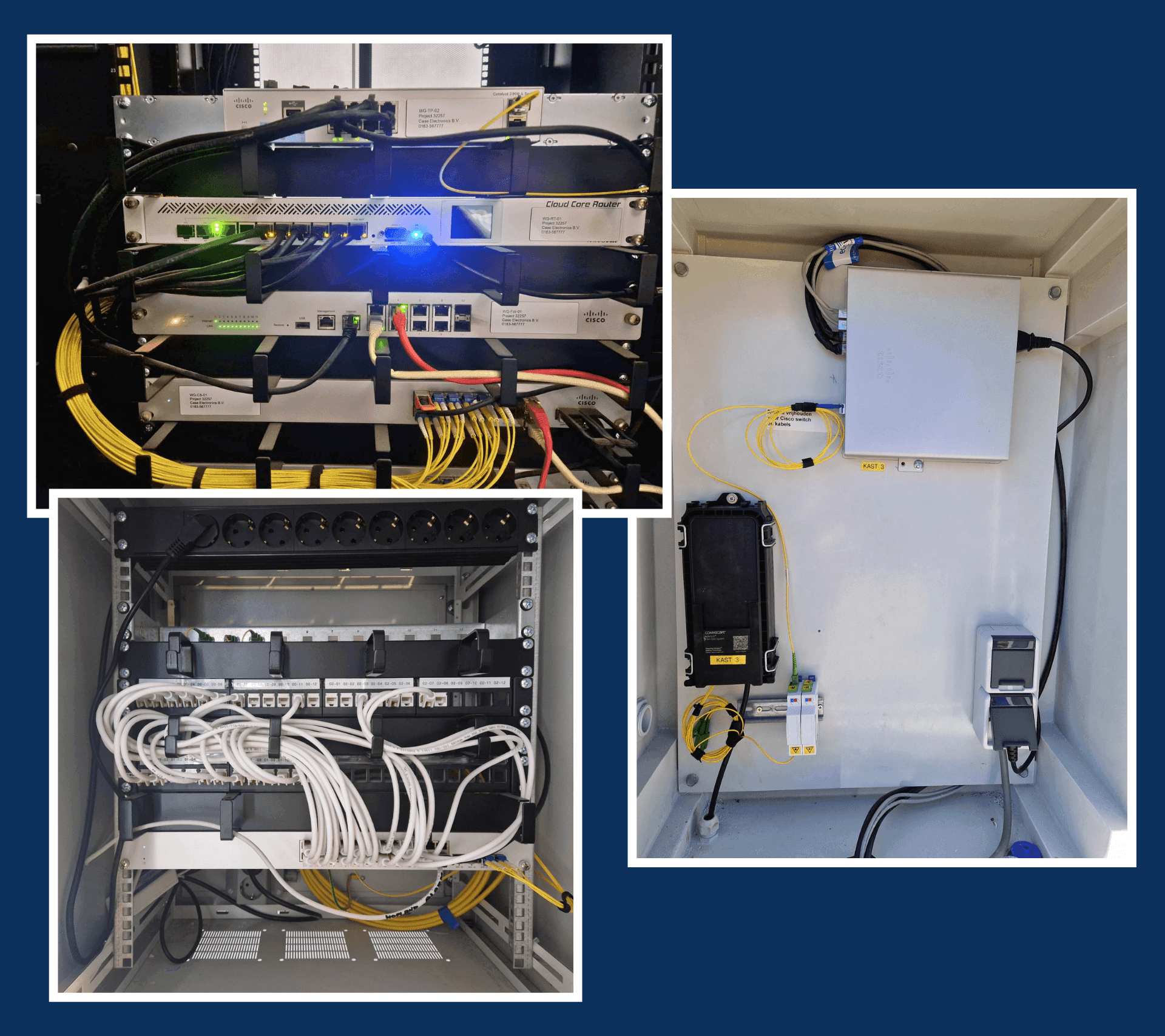 De core switches en firewall, de switch in het nieuwe kantoor en één van de straatkasten bij het nieuwe transferium